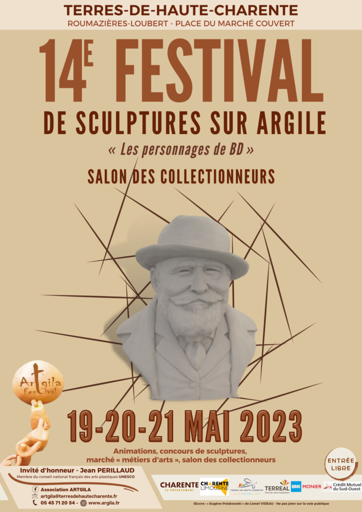 affiche - 14ème édition du festival de sculptures sur argile. Il se déroulera les 19, 20 et 21 mai 2023 à Roumazières-Loubert 16270